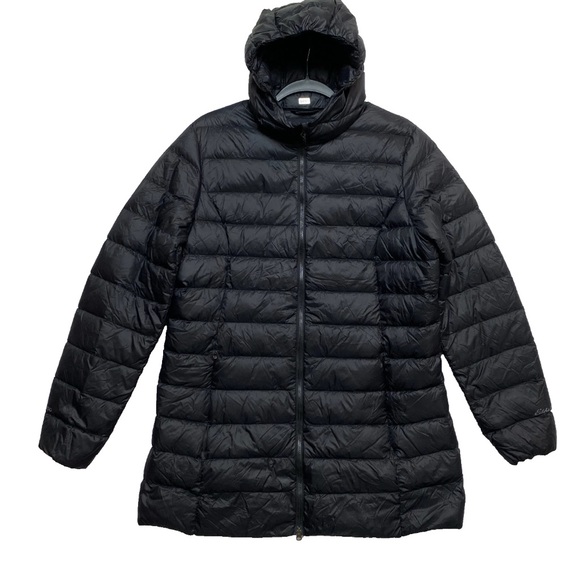 Eddie Bauer EB650 Goose Down Puffer Jacket Womens L Black Parka Coat Hood - Picture 1 of 10